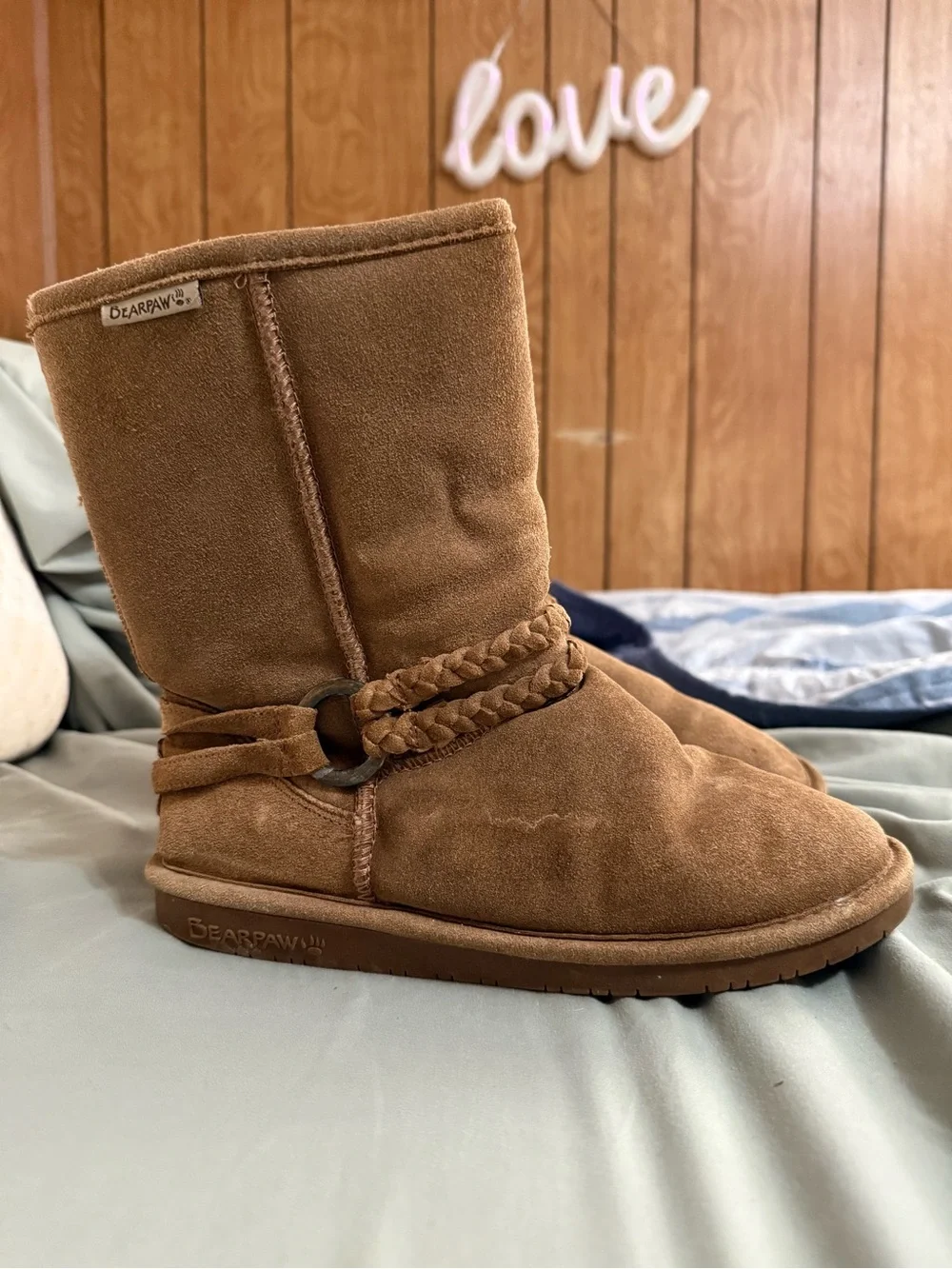 BearPaw Chestnut Suede Braided Strap Boots
